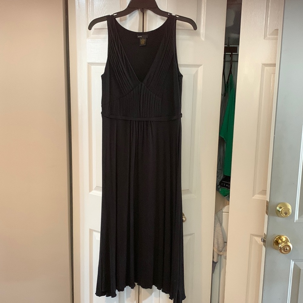 Grace black thick knit jersey, sleeveless, long sundress w pleated details szS